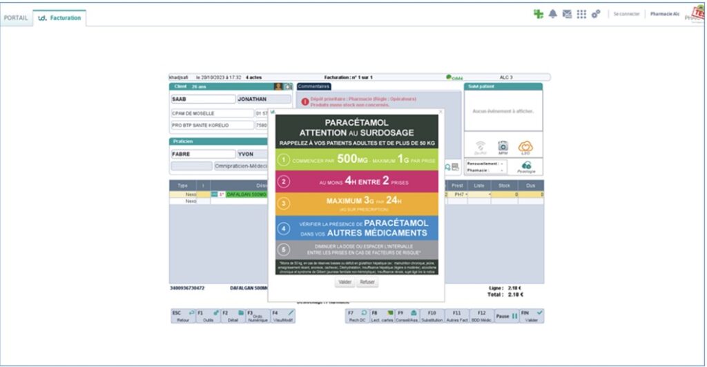 Campagne de bon usage sur les logiciels des pharmaciens (Pop-up paracétamol)